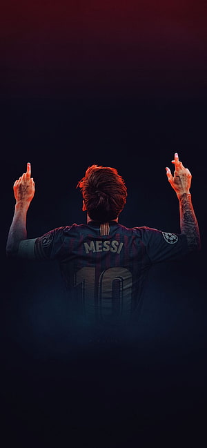 Lionel Messi Barcelona Number 10 Jersey Back View Dramatic Red Lighting HD phone wallpaper