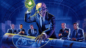 Rust In Peace album cover art featuring a skeletal figure in a suit holding a glowing orb over a control room HD wallpaper