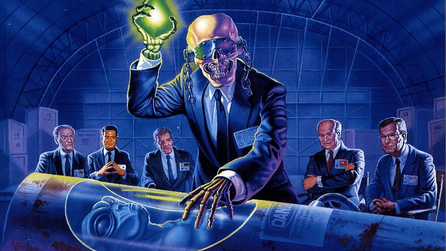 Rust In Peace album cover art featuring a skeletal figure in a suit holding a glowing orb over a control room HD wallpaper