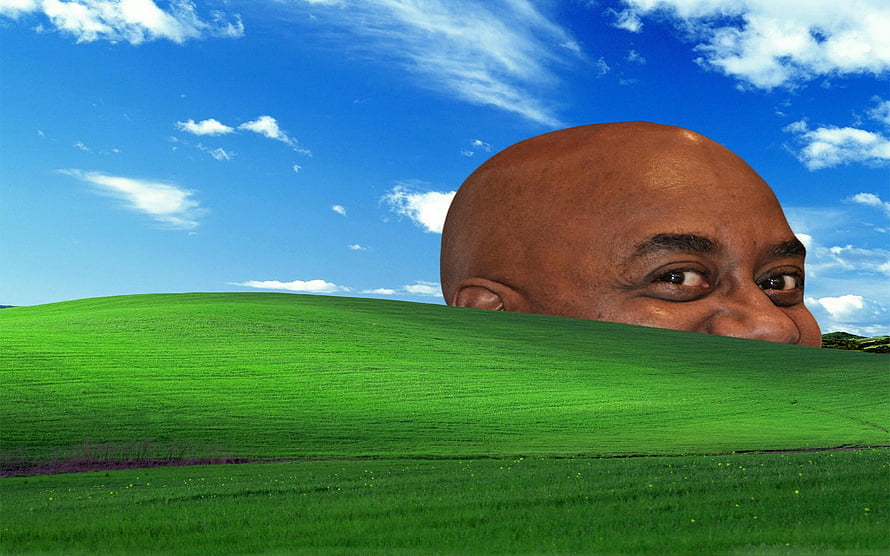 Windows XP Bliss Meme with Bald Man Peeking Over Green Hill HD wallpaper