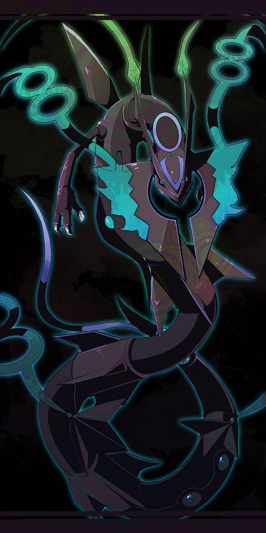 Shiny Mega Rayquaza Dark Fantasy Dragon Artwork with Neon Green Energy HD phone wallpaper