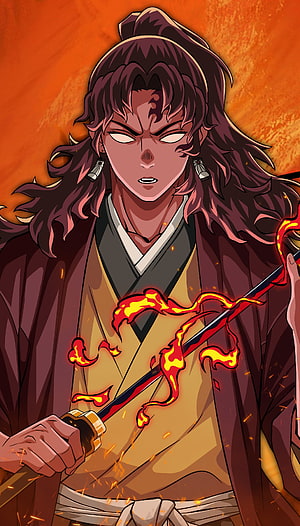 Yoriichi Tsugikuni Wielding Flame-Enshrouded Sword in Demon Slayer Anime Art HD phone wallpaper