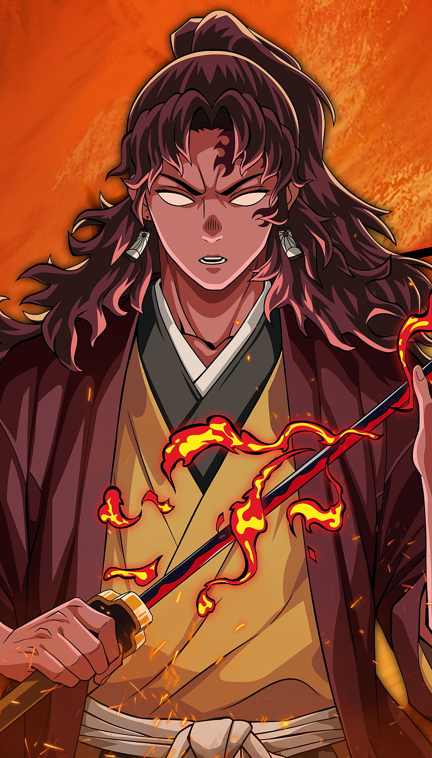 Yoriichi Tsugikuni Wielding Flame-Enshrouded Sword in Demon Slayer Anime Art HD phone wallpaper