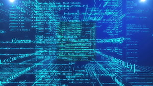 Abstract Blue Digital Code Matrix with Floating Programming Syntax and Data Streams HD wallpaper