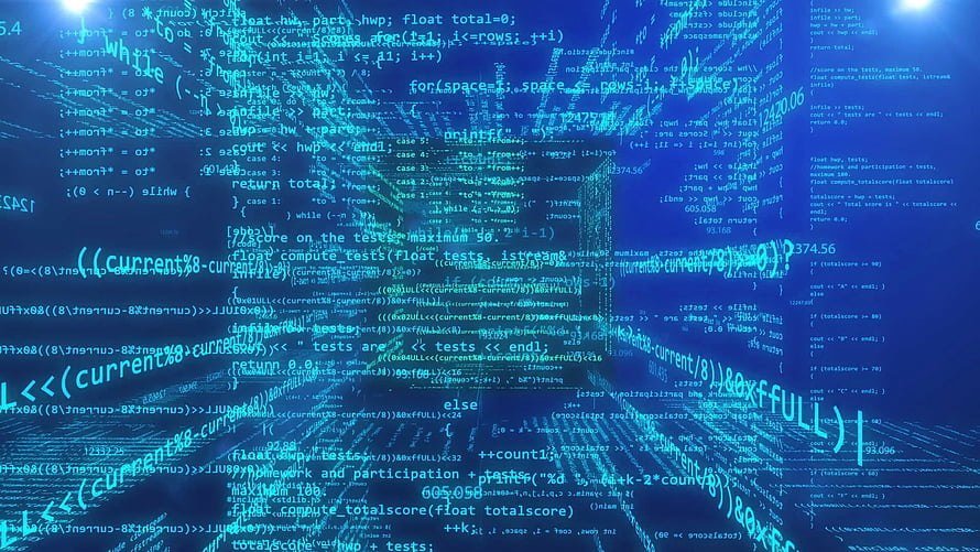 Abstract Blue Digital Code Matrix with Floating Programming Syntax and Data Streams HD wallpaper