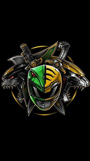 Power Rangers Green and Yellow Ranger Mask Emblem with Dragon Heads and Crossed Swords HD phone wallpaper