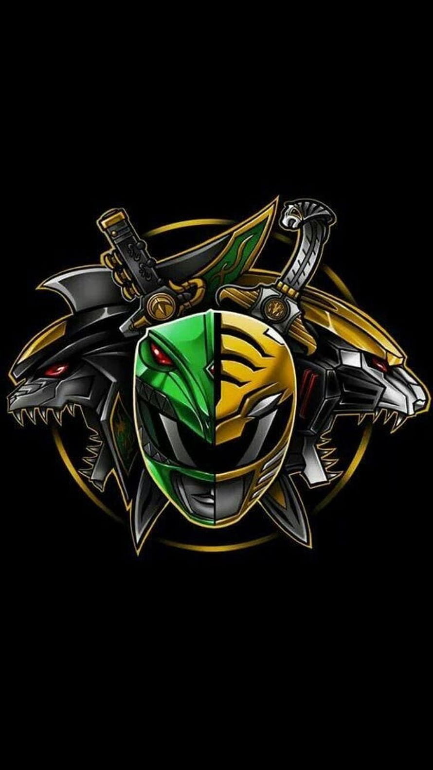 Power Rangers Green and Yellow Ranger Mask Emblem with Dragon Heads and Crossed Swords HD phone wallpaper