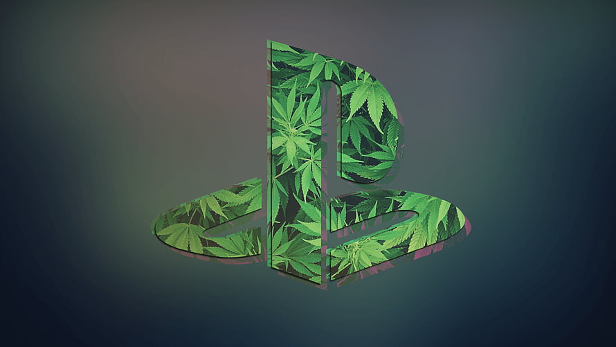 PlayStation 4 Logo Filled With Green Cannabis Leaves On Dark Gradient Background HD wallpaper