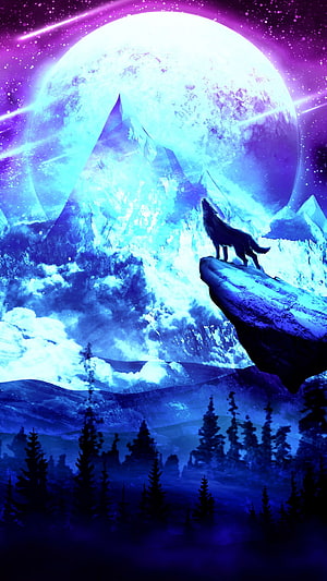 Howling Wolf on Rocky Cliff Under Giant Moon and Starry Night Sky HD phone wallpaper