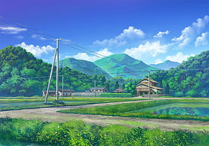 Serene Japanese Countryside Landscape with Rice Paddies and Distant Mountains HD wallpaper