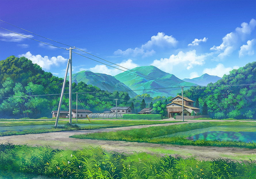 Serene Japanese Countryside Landscape with Rice Paddies and Distant Mountains HD wallpaper