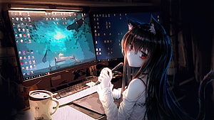 Anime Girl with Cat Ears at Dual Monitors in Dark Room HD wallpaper