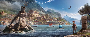 Assassin's Creed Odyssey Ancient Greek Harbor with Poseidon Statue and Spartan Warrior HD wallpaper