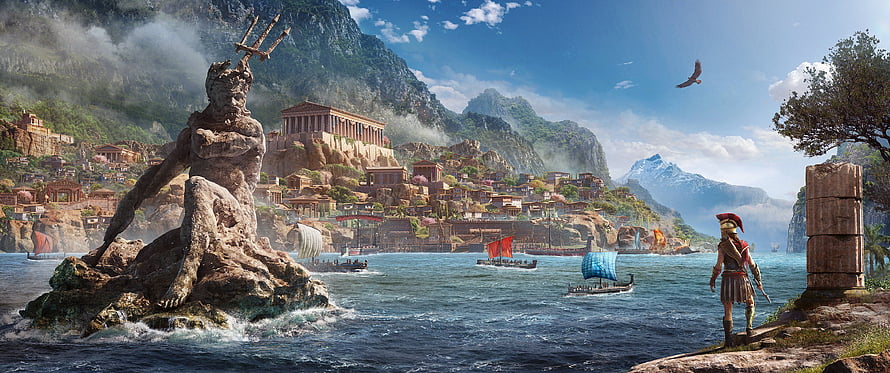 Assassin's Creed Odyssey Ancient Greek Harbor with Poseidon Statue and Spartan Warrior HD wallpaper