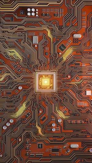 Detailed Macro View of Orange Circuit Board with Central Processor Chip and Traces HD phone wallpaper