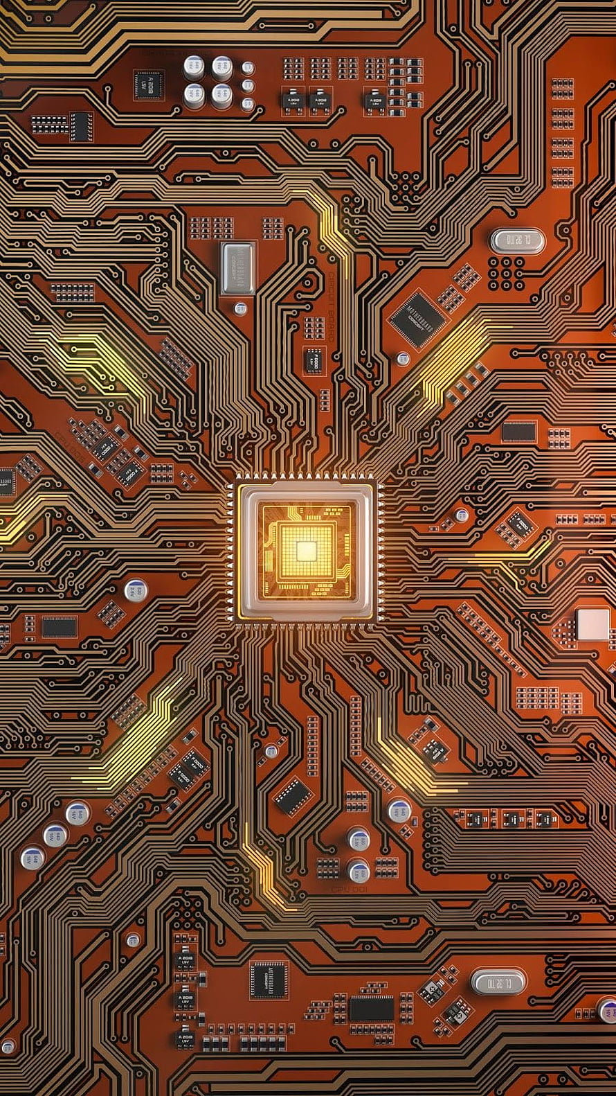 Detailed Macro View of Orange Circuit Board with Central Processor Chip and Traces HD phone wallpaper
