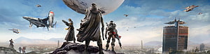 Destiny 2 Guardians Standing on Cliff Overlooking City with Spaceships and Giant Moon HD wallpaper