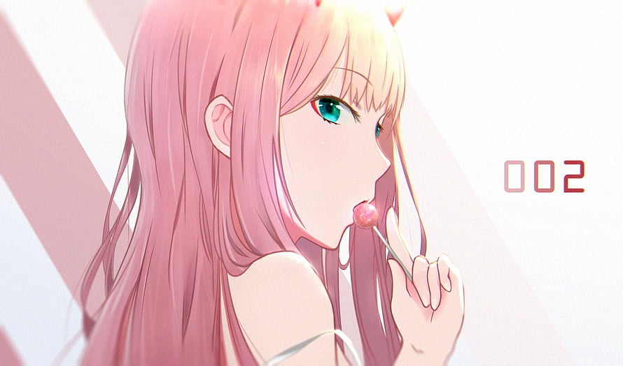 Zero Two from Darling in the Franxx Sucking a Lollipop in Soft Pink Light HD wallpaper