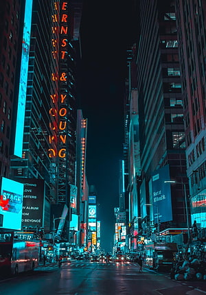 Times Square New York City Night Street View with Neon Billboards and Cyberpunk Atmosphere HD phone wallpaper