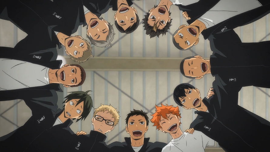 Haikyuu Karasuno Volleyball Team Members Looking Up in Circle HD wallpaper
