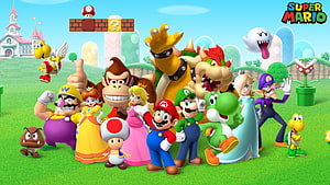 Super Mario Bros. Character Lineup Featuring Mario, Luigi, Peach, Bowser, Yoshi, and Toad in a Vibrant 3D World HD wallpaper