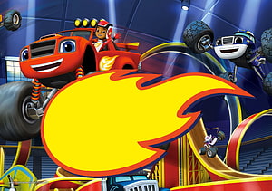 Blaze and the Monster Machines Animated Scene with Flame Speech Bubble and Racing Track HD wallpaper