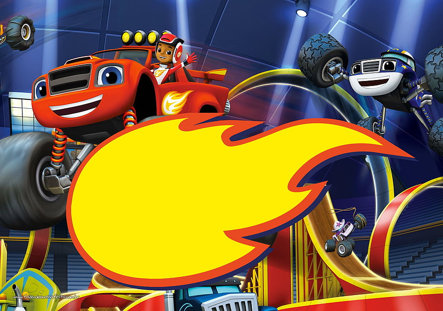 Blaze and the Monster Machines Animated Scene with Flame Speech Bubble and Racing Track HD wallpaper