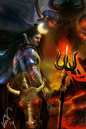 Fierce Shiva with Trishula and Nandi Bull in Dramatic Fantasy Art HD phone wallpaper