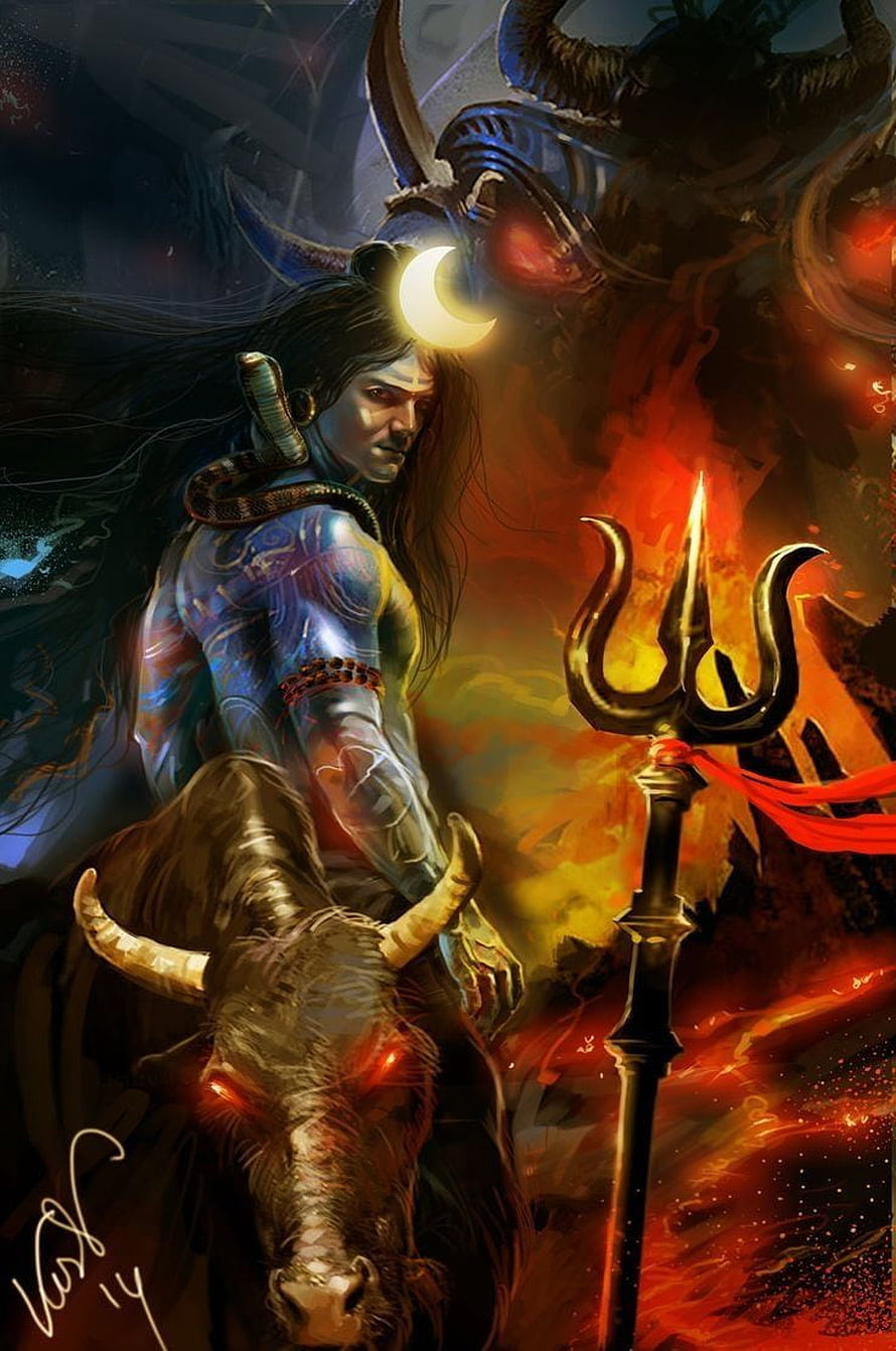 Fierce Shiva with Trishula and Nandi Bull in Dramatic Fantasy Art HD phone wallpaper