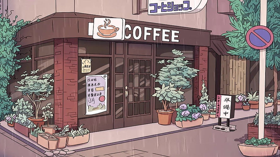 Cozy Anime Coffee Shop Facade With Potted Plants And Rainy Street Atmosphere HD wallpaper
