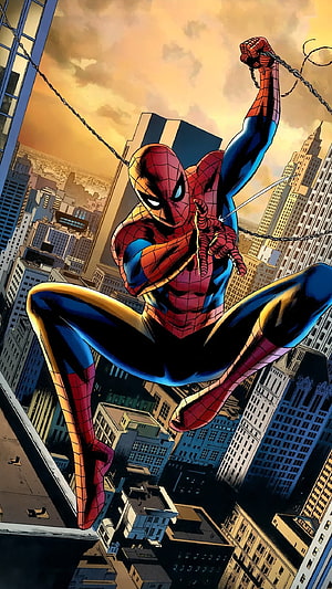 Spider-Man Swinging Through City Skyline in Classic Comic Book Art Style, Spiderman Comic, Comic Cartoon, Spiderman Comic Cartoon HD phone wallpaper