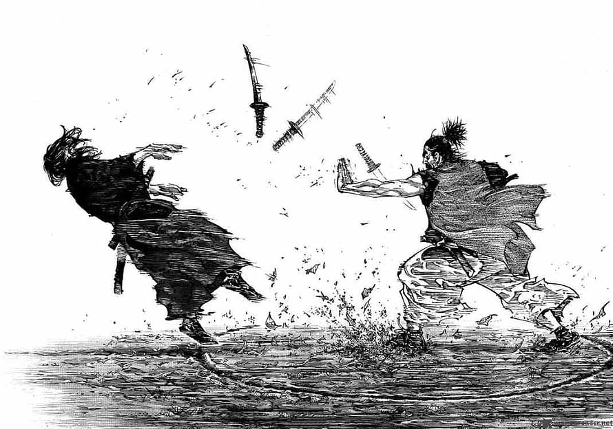 Vagabond Manga by Takehiko Inoue: Intense Samurai Duel with Flying Swords HD wallpaper