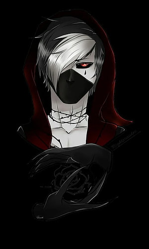 Devil Boy Anime Character in Red Hood and Black Mask Holding a Dark Rose HD phone wallpaper