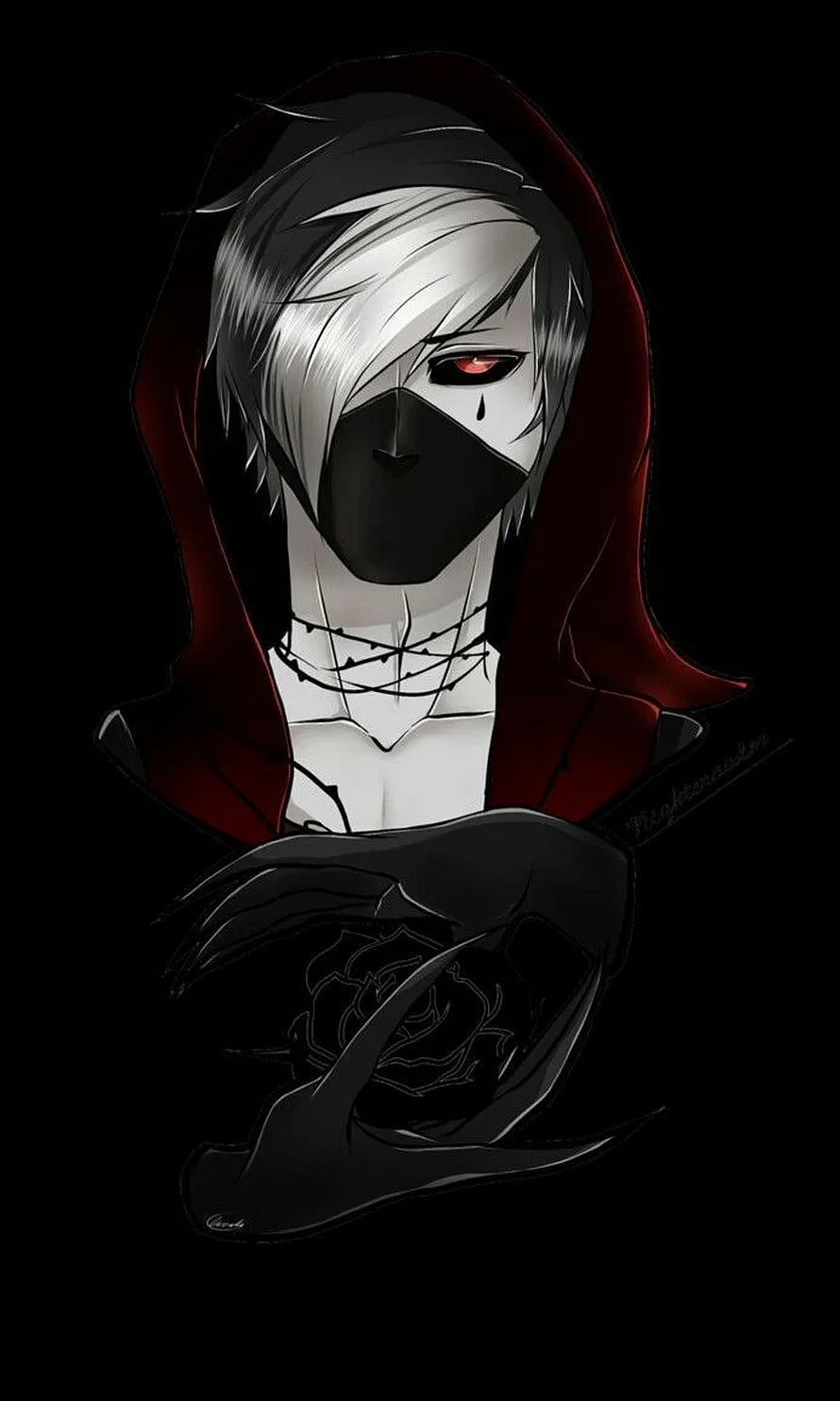 Devil Boy Anime Character in Red Hood and Black Mask Holding a Dark Rose HD phone wallpaper