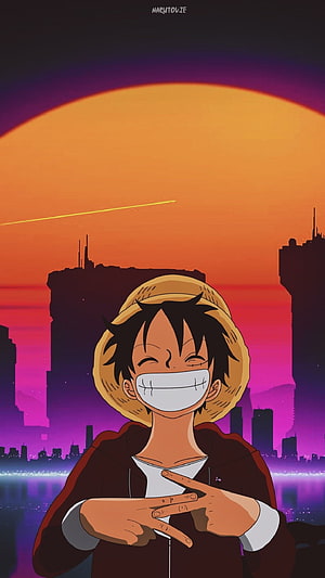 Luffy from One Piece smiling in a hoodie against a vibrant sunset city skyline HD phone wallpaper