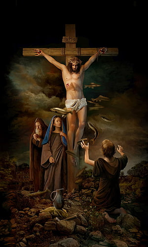 Jesus on the Cross with Mary and Disciples in a Dramatic Religious Painting HD phone wallpaper