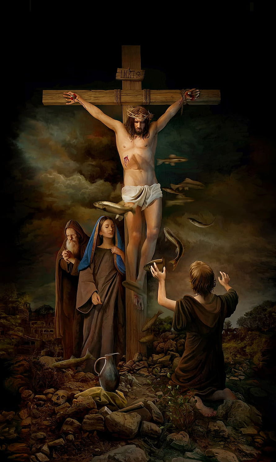 Jesus on the Cross with Mary and Disciples in a Dramatic Religious Painting HD phone wallpaper