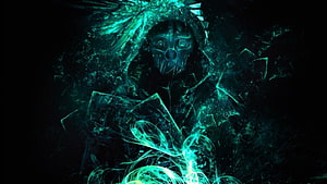 Cyan Glowing Cybernetic Mask with Fractured Digital Energy and Dark Abstract Background HD wallpaper