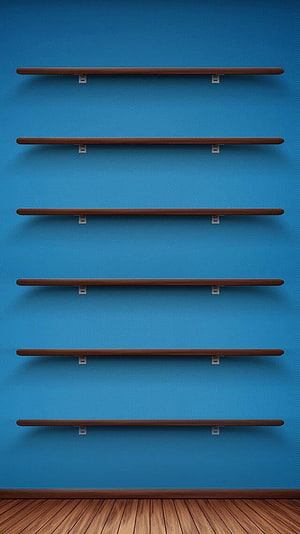 Minimalist Floating Wooden Shelves Against a Vibrant Blue Wall HD phone wallpaper
