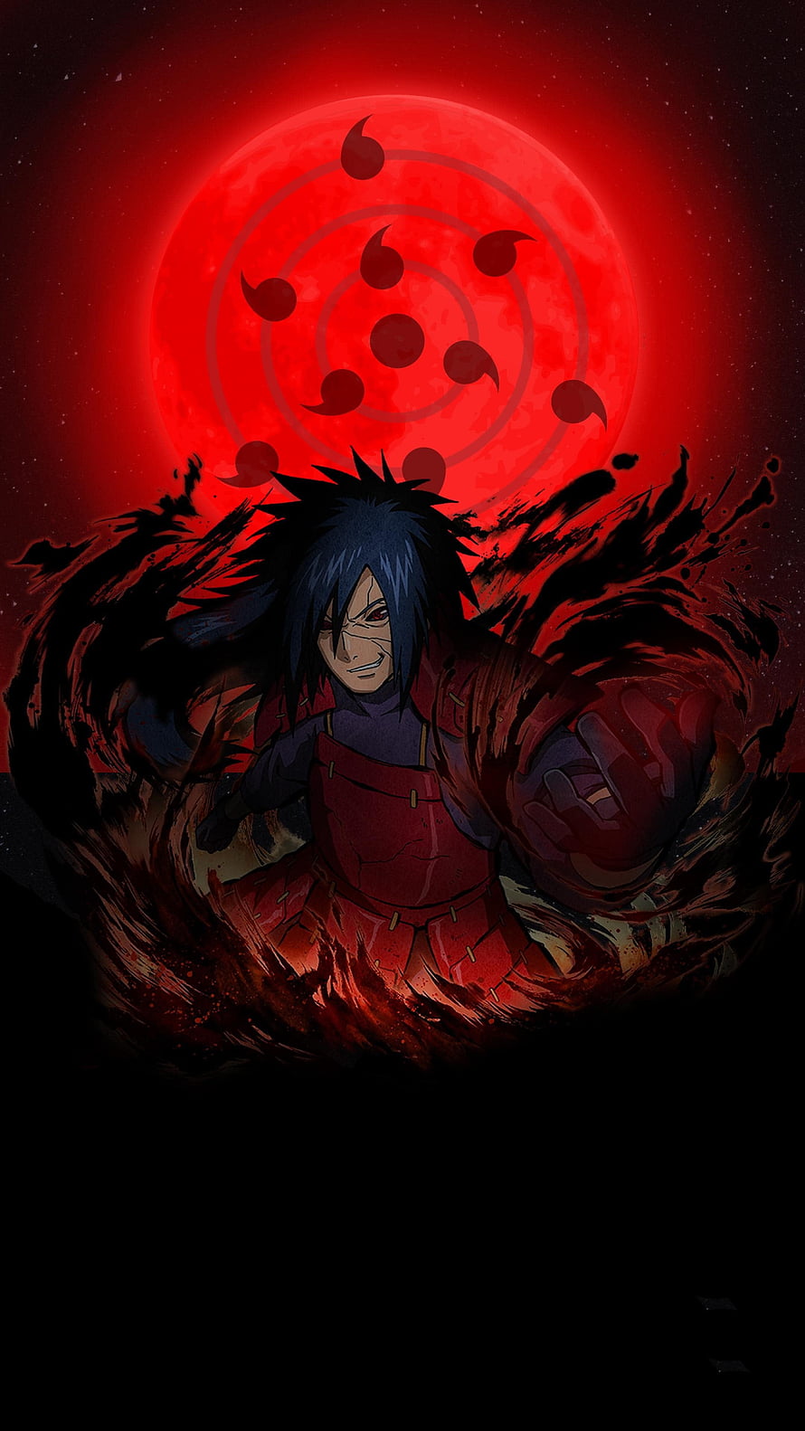 Madara Uchiha in Edo Tensei Form with Sharingan Moon and Dark Chakra Aura HD phone wallpaper