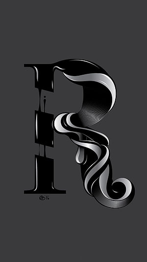 Sleek 3D Letter R with Liquid Ink and Metallic Ribbon Design on Dark Background HD phone wallpaper
