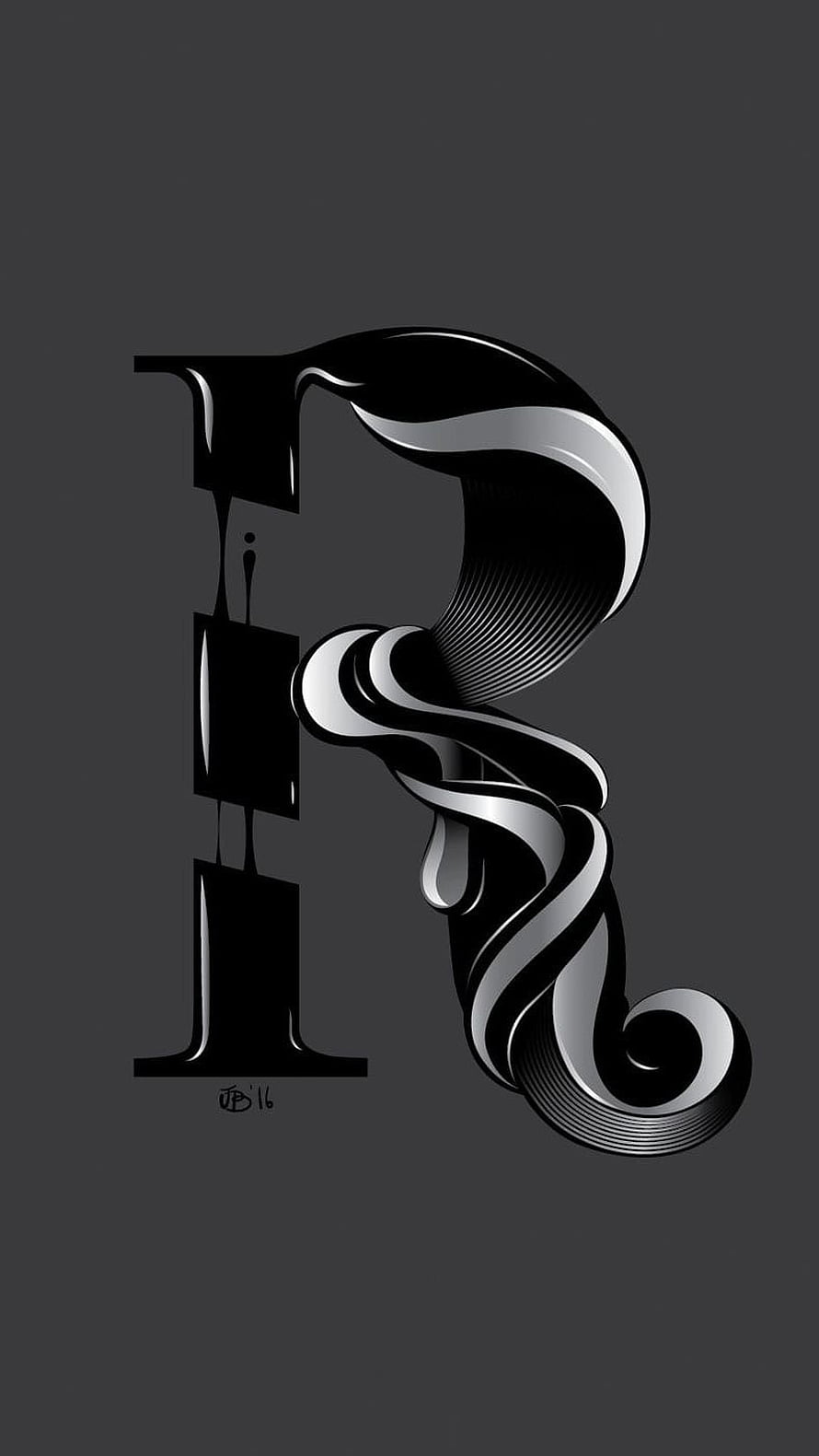 Sleek 3D Letter R with Liquid Ink and Metallic Ribbon Design on Dark Background HD phone wallpaper
