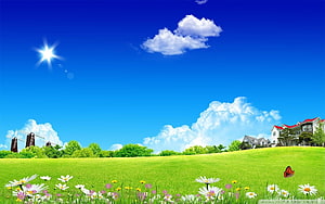 Vibrant Spring Meadow with Windmills, Wildflowers, and a Bright Blue Sky HD wallpaper