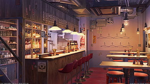 Cozy Anime Restaurant Interior With Warm Lighting And Wooden Bar Counter HD wallpaper