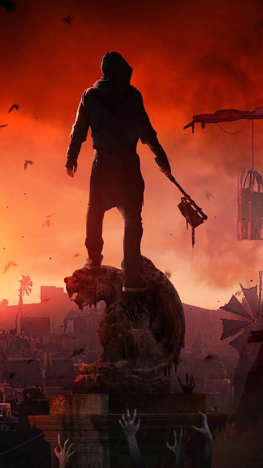 Dying Light 2 Hooded Survivor Standing on Skull in Apocalyptic Wasteland HD phone wallpaper