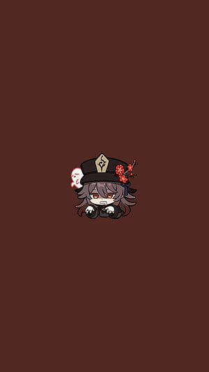 Hu Tao Chibi Character with Black Hat and Red Flowers on Dark Brown Background HD phone wallpaper