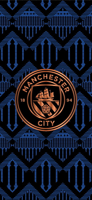 Manchester City FC Crest on Geometric Blue and Black Patterned Background HD phone wallpaper