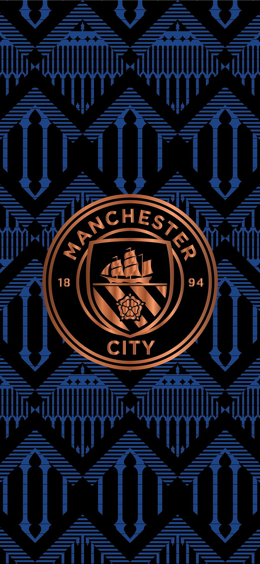 Manchester City FC Crest on Geometric Blue and Black Patterned Background HD phone wallpaper
