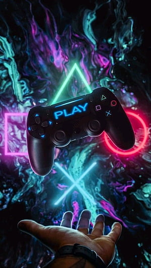 PlayStation 4 Controller Floating Above Open Hand With Neon Gaming Symbols HD phone wallpaper