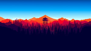 Stylized Fire Watchtower Silhouette Against Vibrant Sunset Mountain Range HD wallpaper